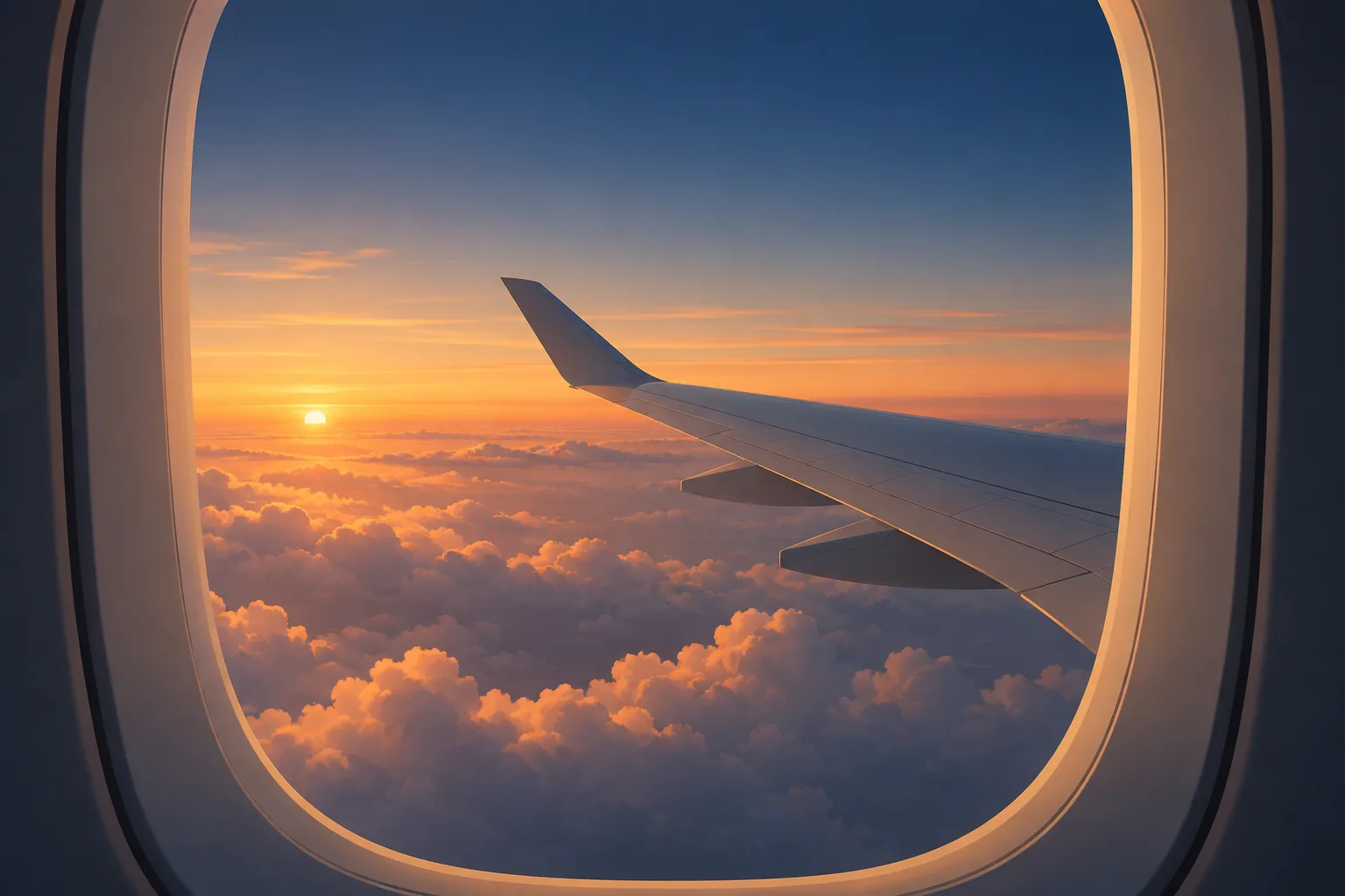Illustration of an airplane wing above clouds.