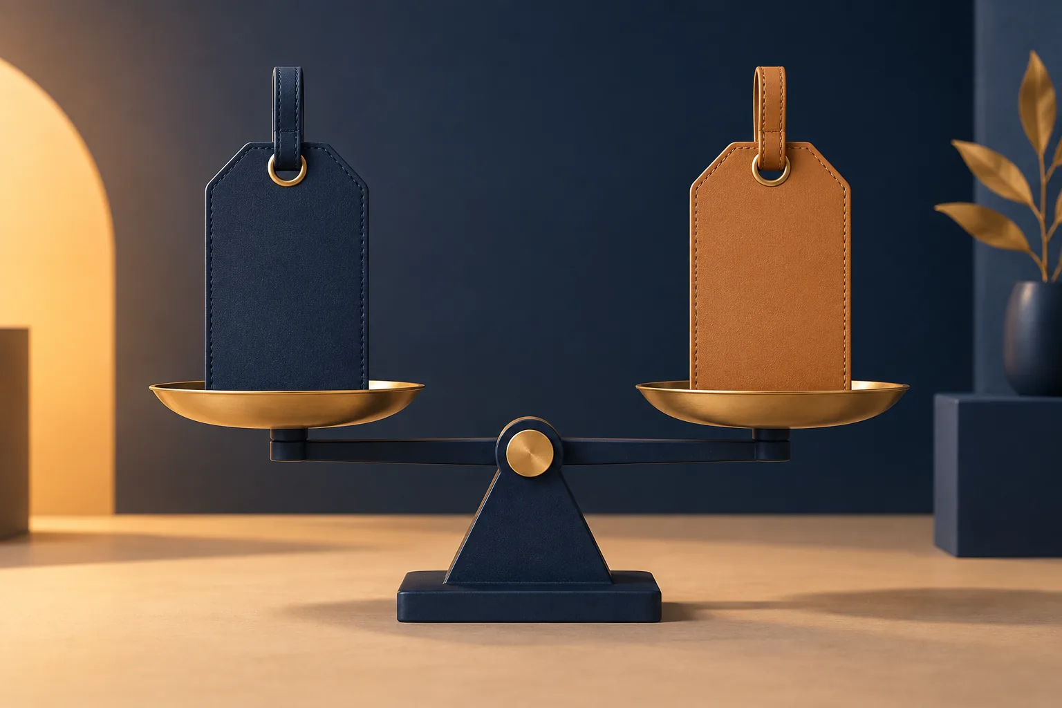 Illustration of two luggage tags balanced on a scale.
